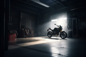 motorcycle in dark garage with sunlight coming through windows