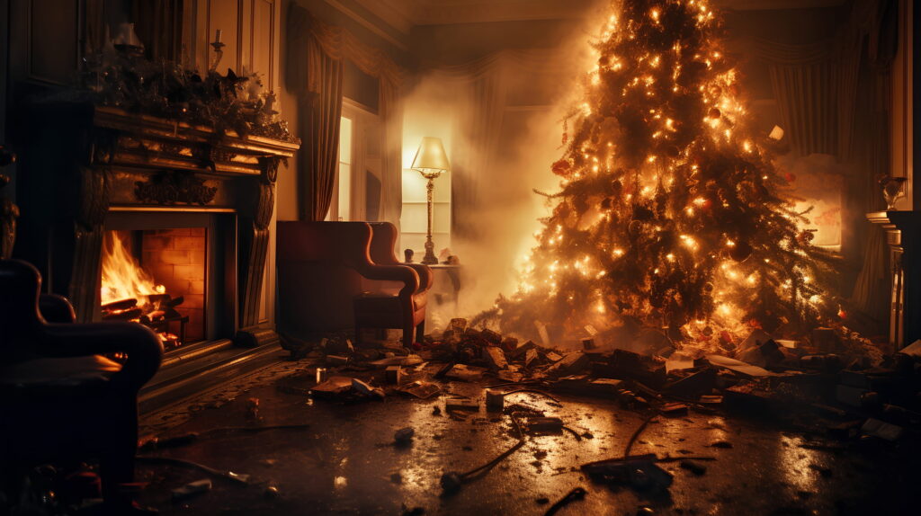 lit up Christmas tree on fire in living room