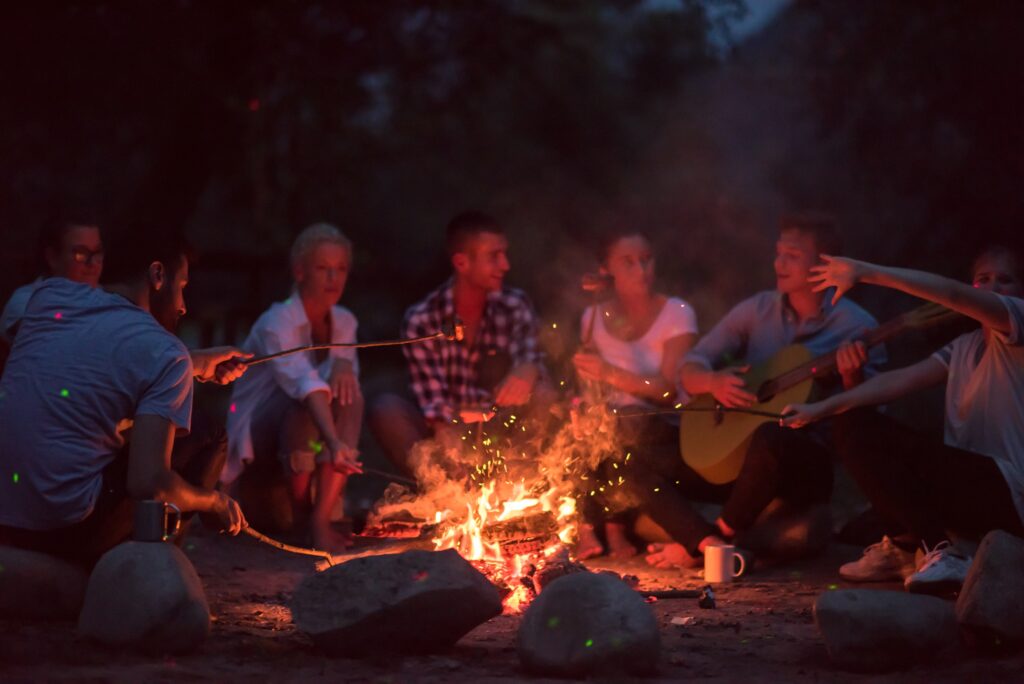 Bonfire in a backyard with safety precautions