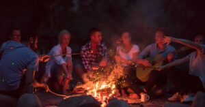 Bonfire in a backyard with safety precautions