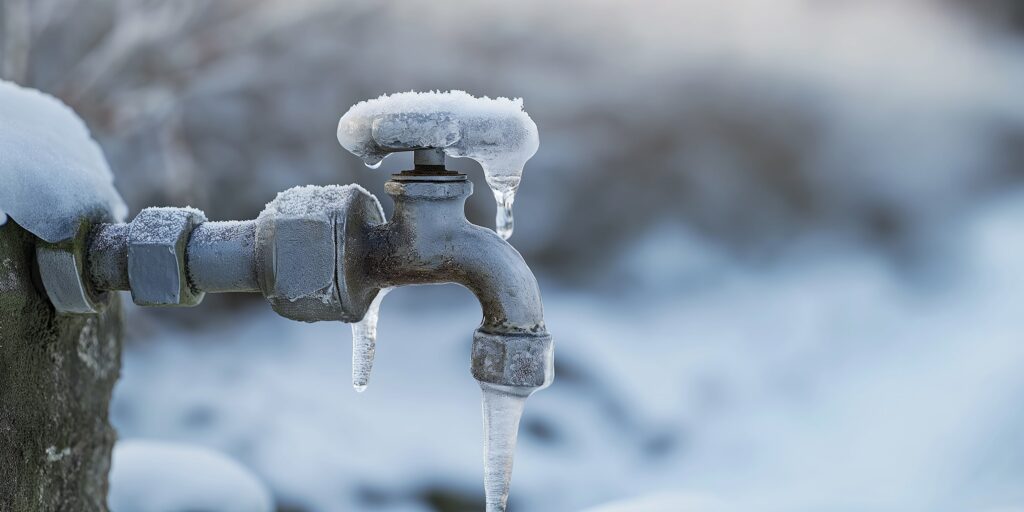 An outdoor residential water spout with icicles dripping in a snowy background, highlighting the need for winterizing faucets to prevent freezing damage.