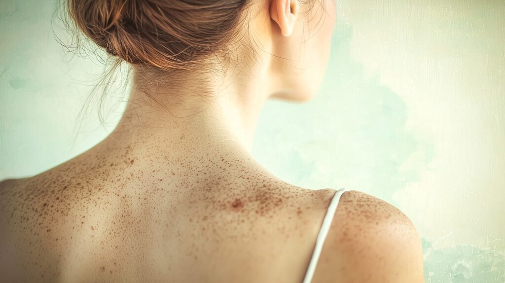 Young woman showing a concerning mole on her back, suggestive of melanoma.
