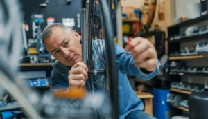 Small business owner repairing a bicycle in a bike shop, representing everyday risks covered by small business insurance