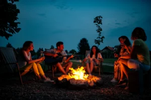 Young adults sitting around a backyard bonfire in a neighborhood, playing guitar and enjoying a safe outdoor gathering