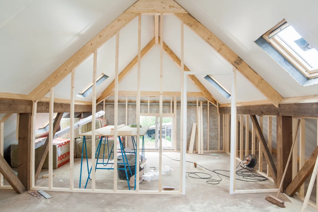 Attic being finished during a home renovation